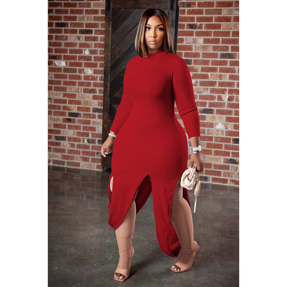 Trendy Women Clothes Sexy Solid Pit Split Joint Half A Turtleneck Irregular Dresses