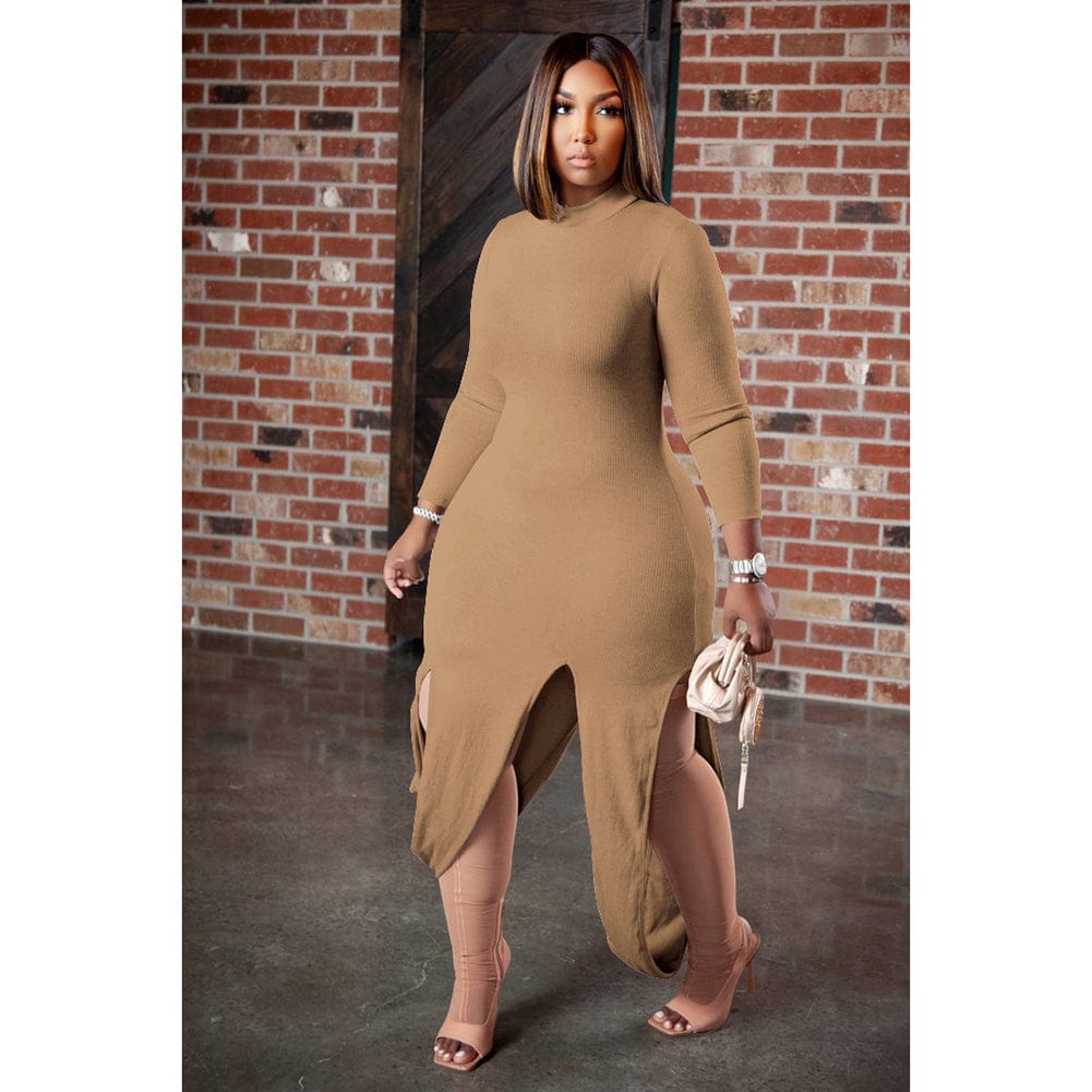 Trendy Women Clothes Sexy Solid Pit Split Joint Half A Turtleneck Irregular Dresses
