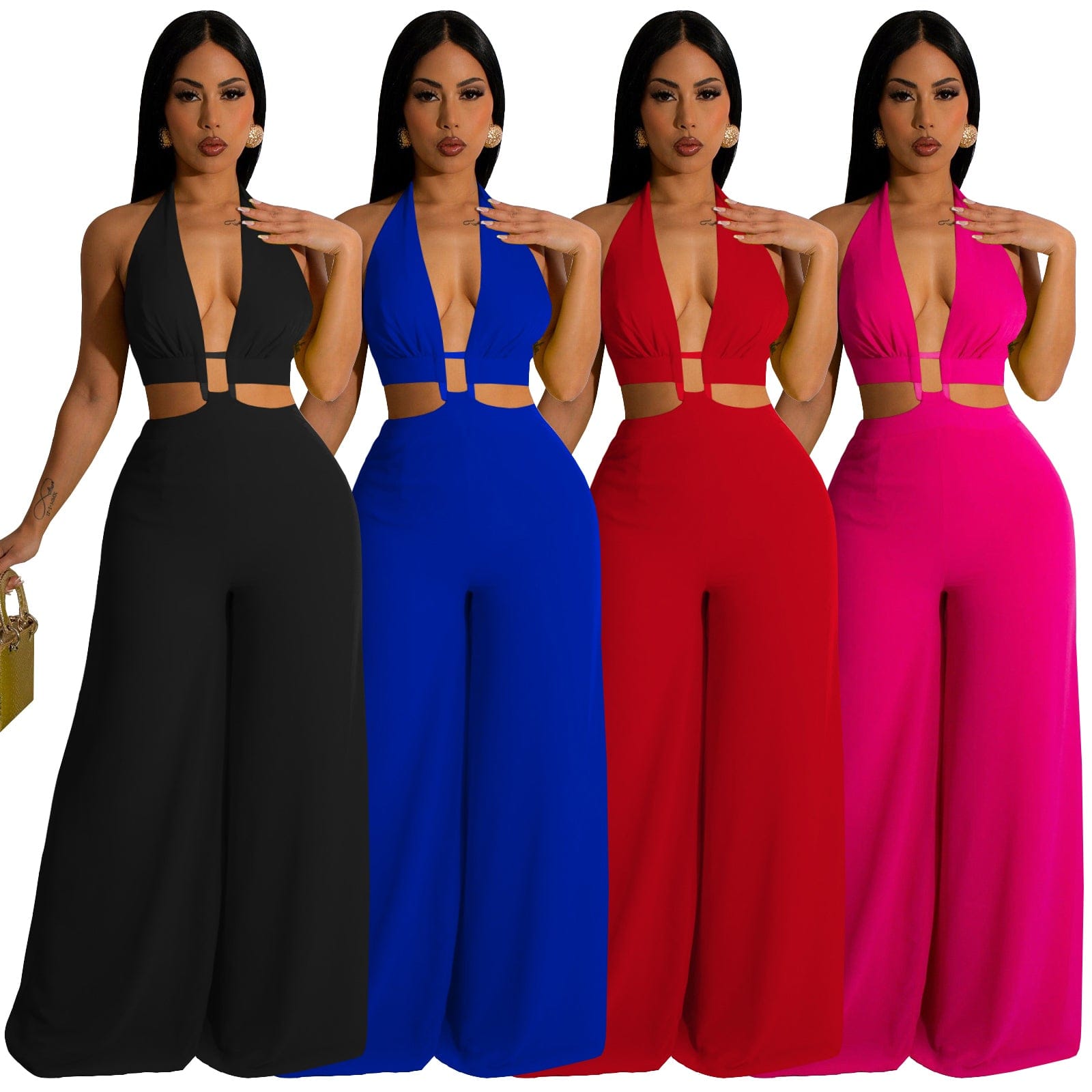 Trendy Women Clothes Solid Color Bandage Halter Backless Wide-leg Jumpsuit