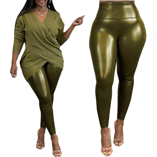 Trendy Women Clothes Solid Color High Waist High Elastic Leather Pencil Pants