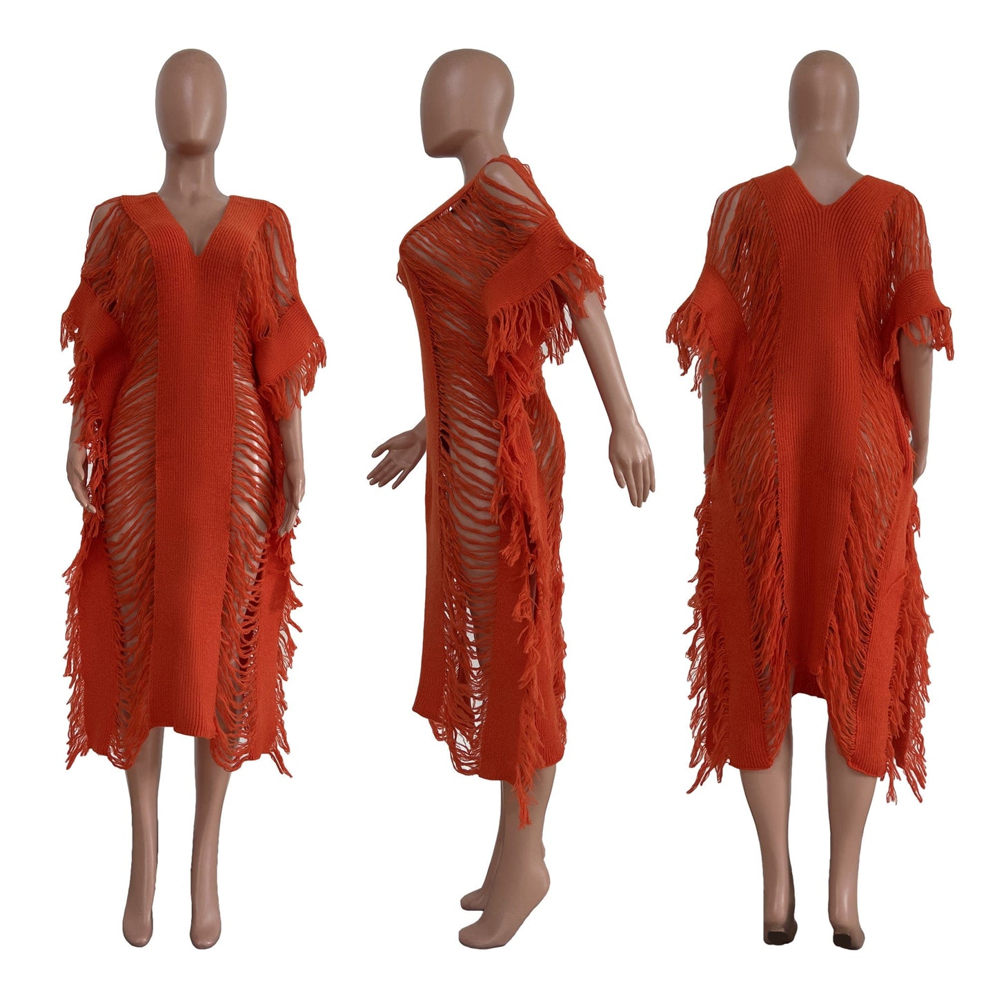 Trendy Women Clothes Solid Color Manual Knitted Sheer Fringed Dress