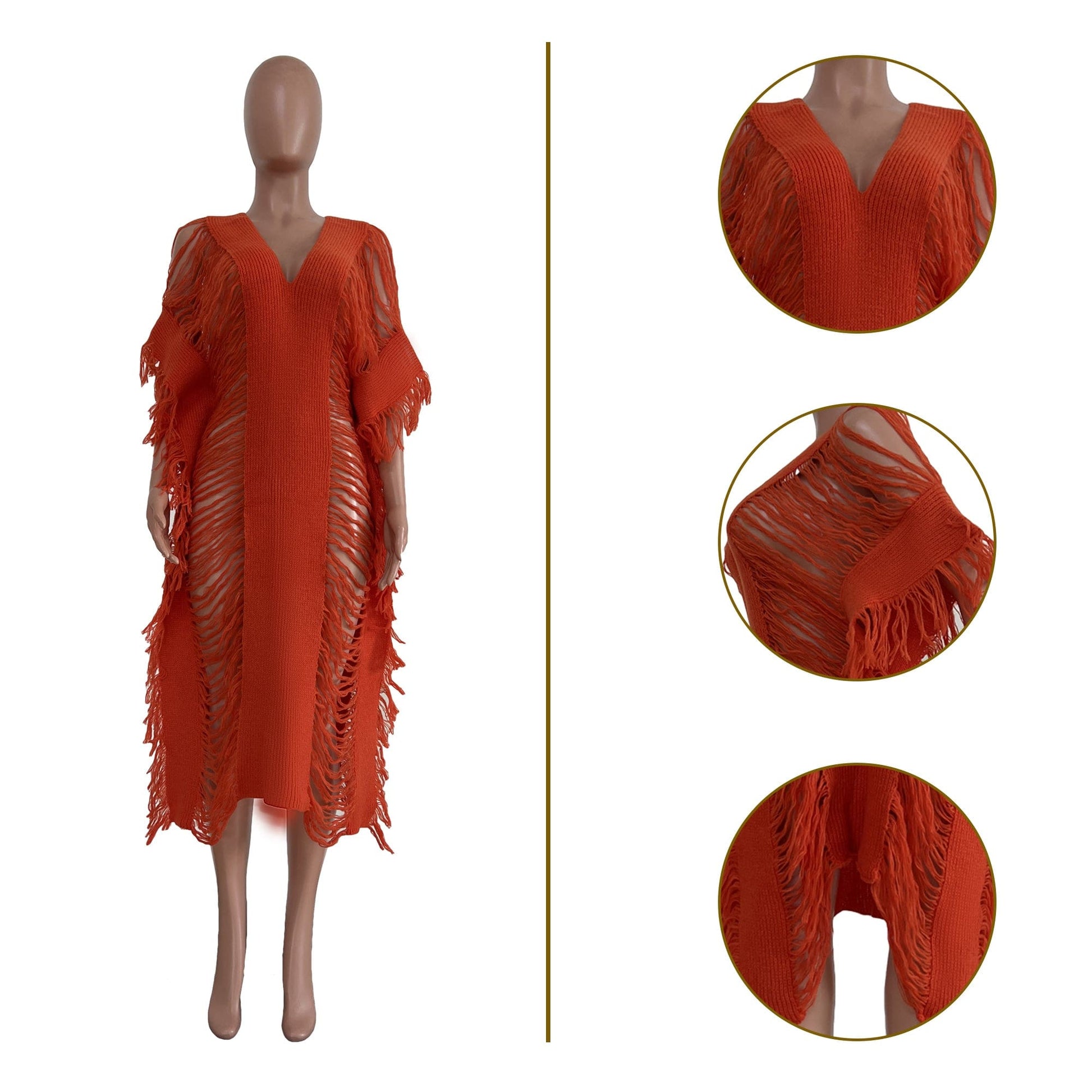 Trendy Women Clothes Solid Color Manual Knitted Sheer Fringed Dress