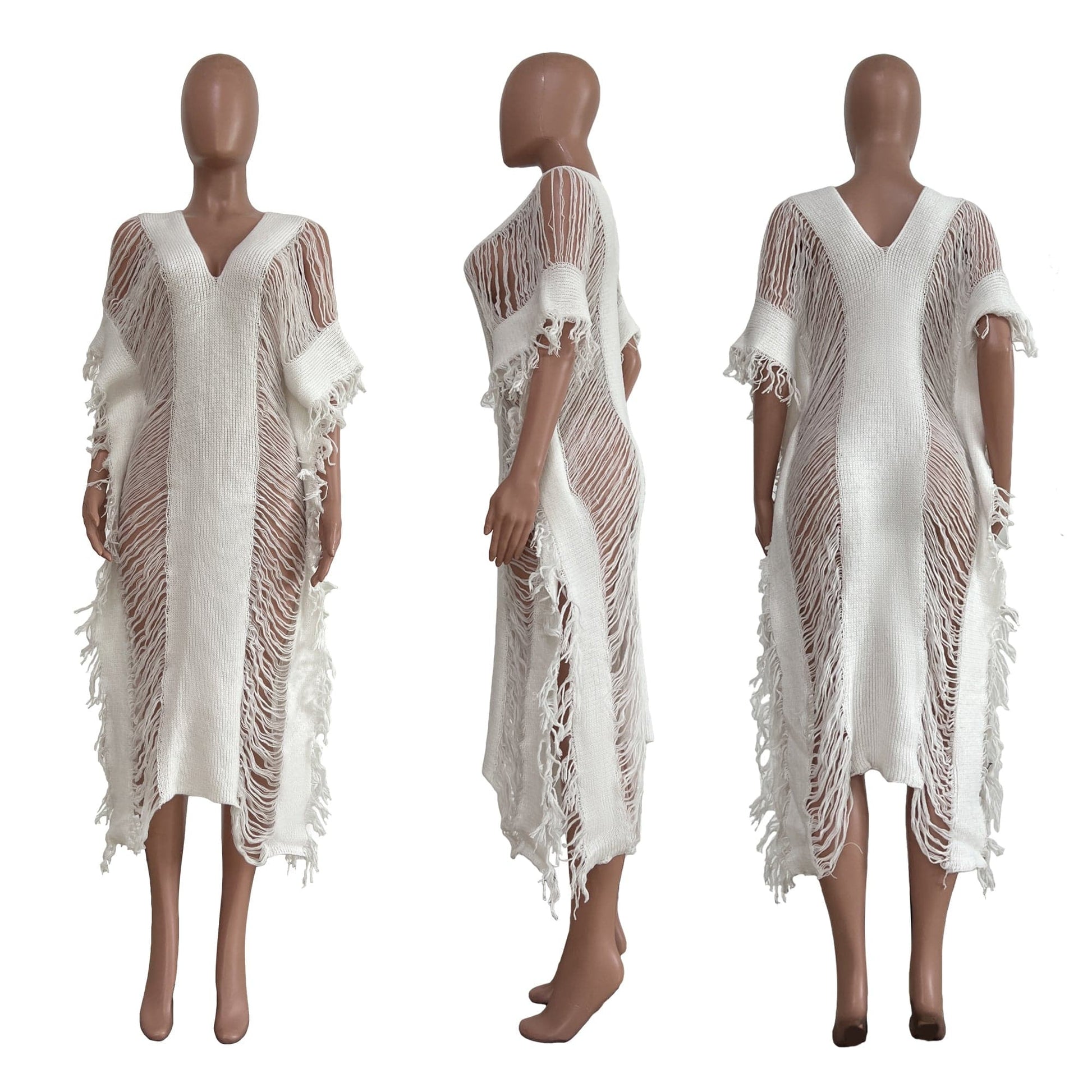 Trendy Women Clothes Solid Color Manual Knitted Sheer Fringed Dress
