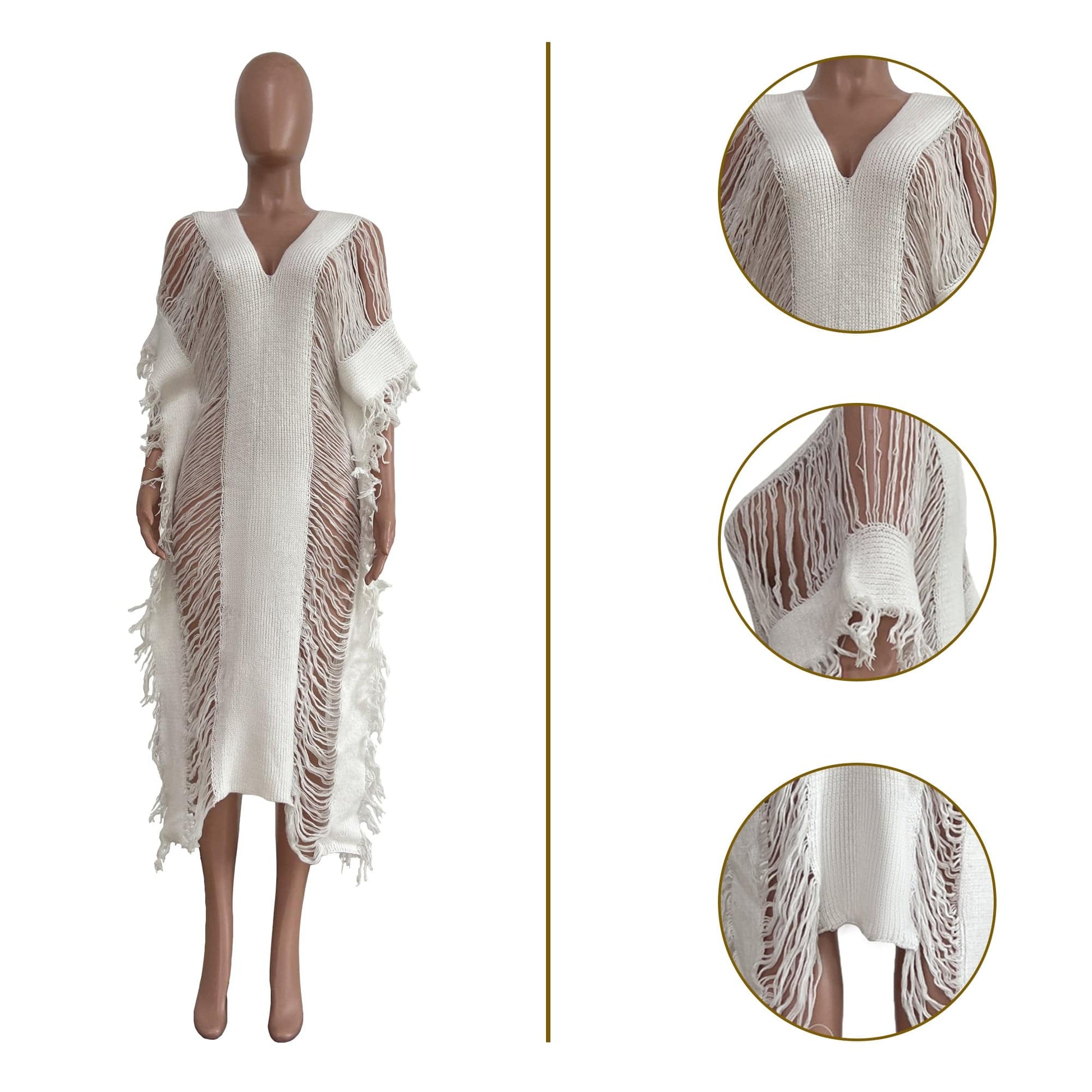 Trendy Women Clothes Solid Color Manual Knitted Sheer Fringed Dress