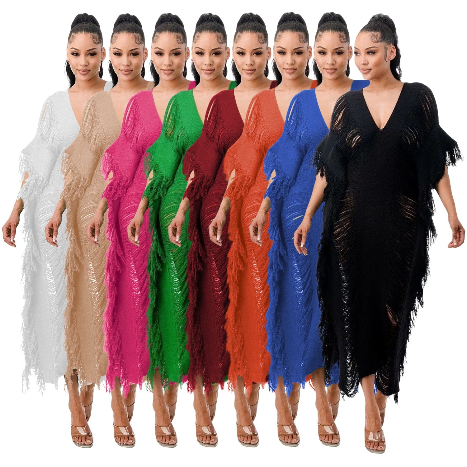 Trendy Women Clothes Solid Color Manual Knitted Sheer Fringed Dress