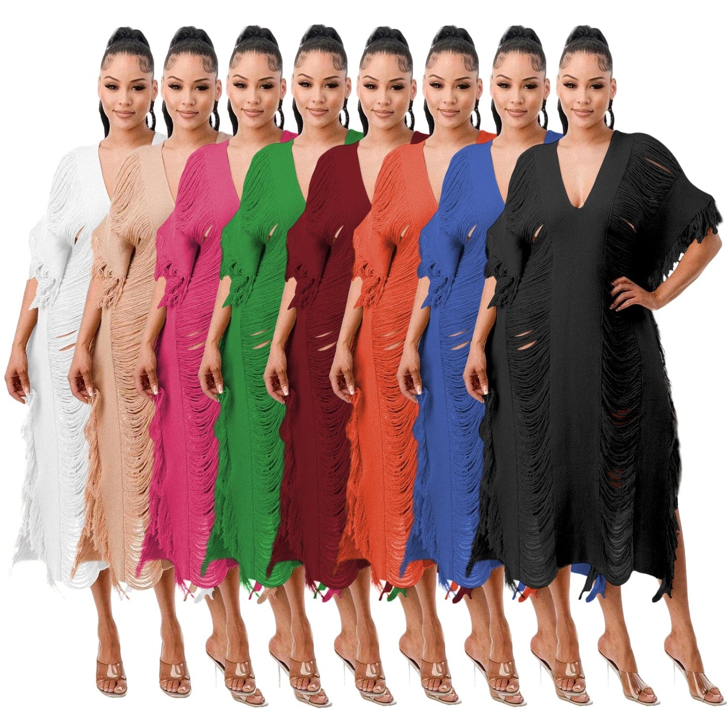 Trendy Women Clothes Solid Color Manual Knitted Sheer Fringed Dress