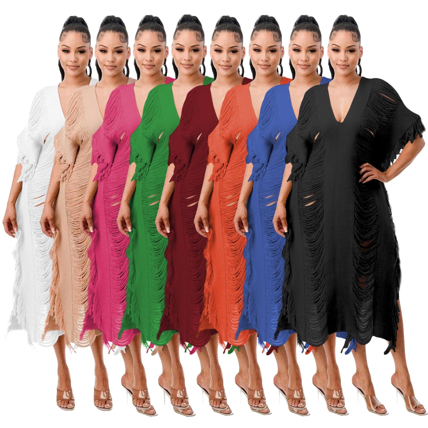Trendy Women Clothes Solid Color Manual Knitted Sheer Fringed Dress