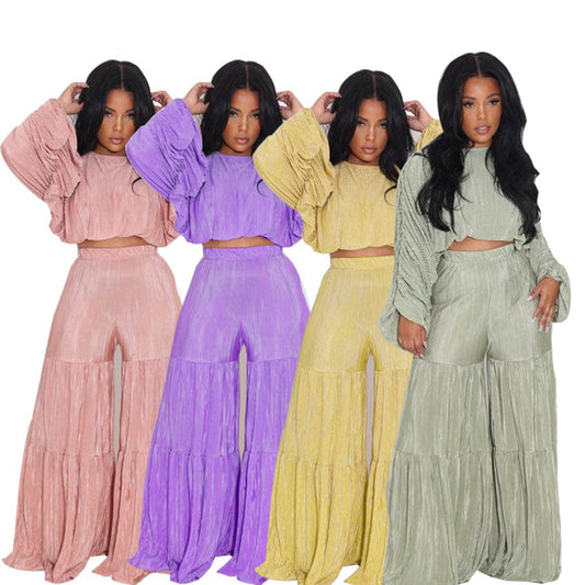 Trendy Women Clothes Solid Plain Fall Lady Casual Crop Top Blouse With Wide Leg 2 Piece Set Two Piece Pants Set Women Clothing