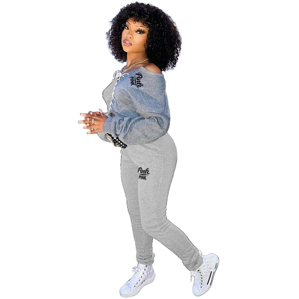 Trendy Women Clothes Sports Suit Ribbed Strappy Sweatshirt With Jogger Pants Brand Pink Printed Women 2 Piece Set