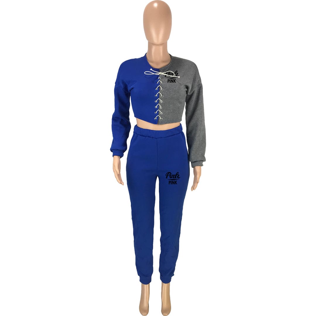 Trendy Women Clothes Sports Suit Ribbed Strappy Sweatshirt With Jogger Pants Brand Pink Printed Women 2 Piece Set