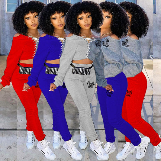 Trendy Women Clothes Sports Suit Ribbed Strappy Sweatshirt With Jogger Pants Brand Pink Printed Women 2 Piece Set