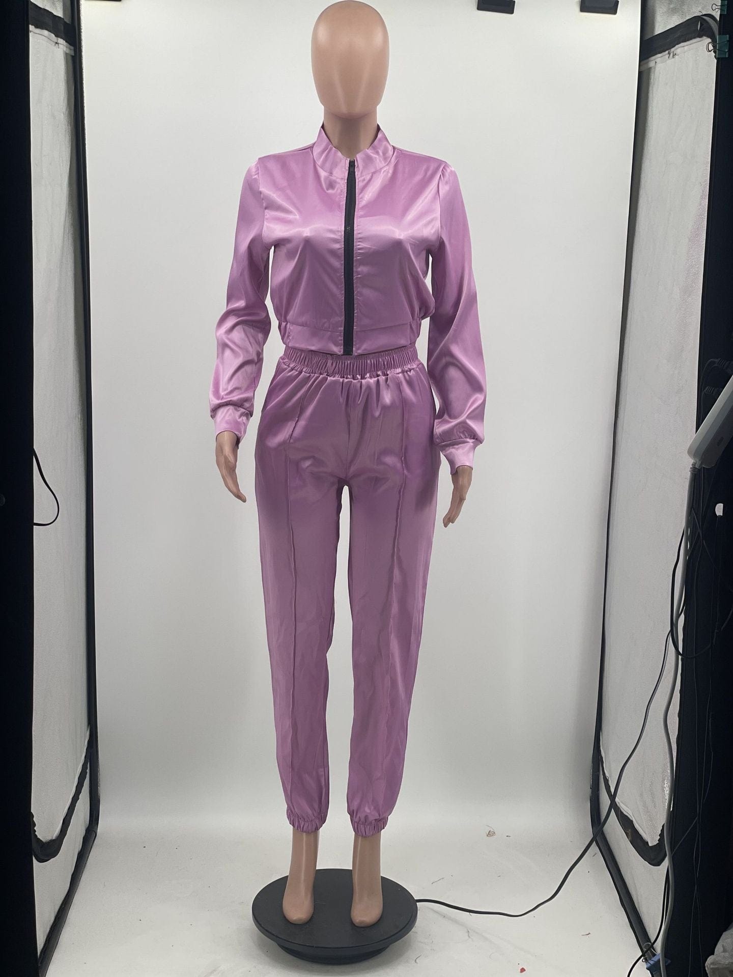 Trendy Women Clothes Stunning Solid Satin Two Piece Workout Sets Women's Sport Suits Zipper Up Long Sleeve Jackets and Elastic W