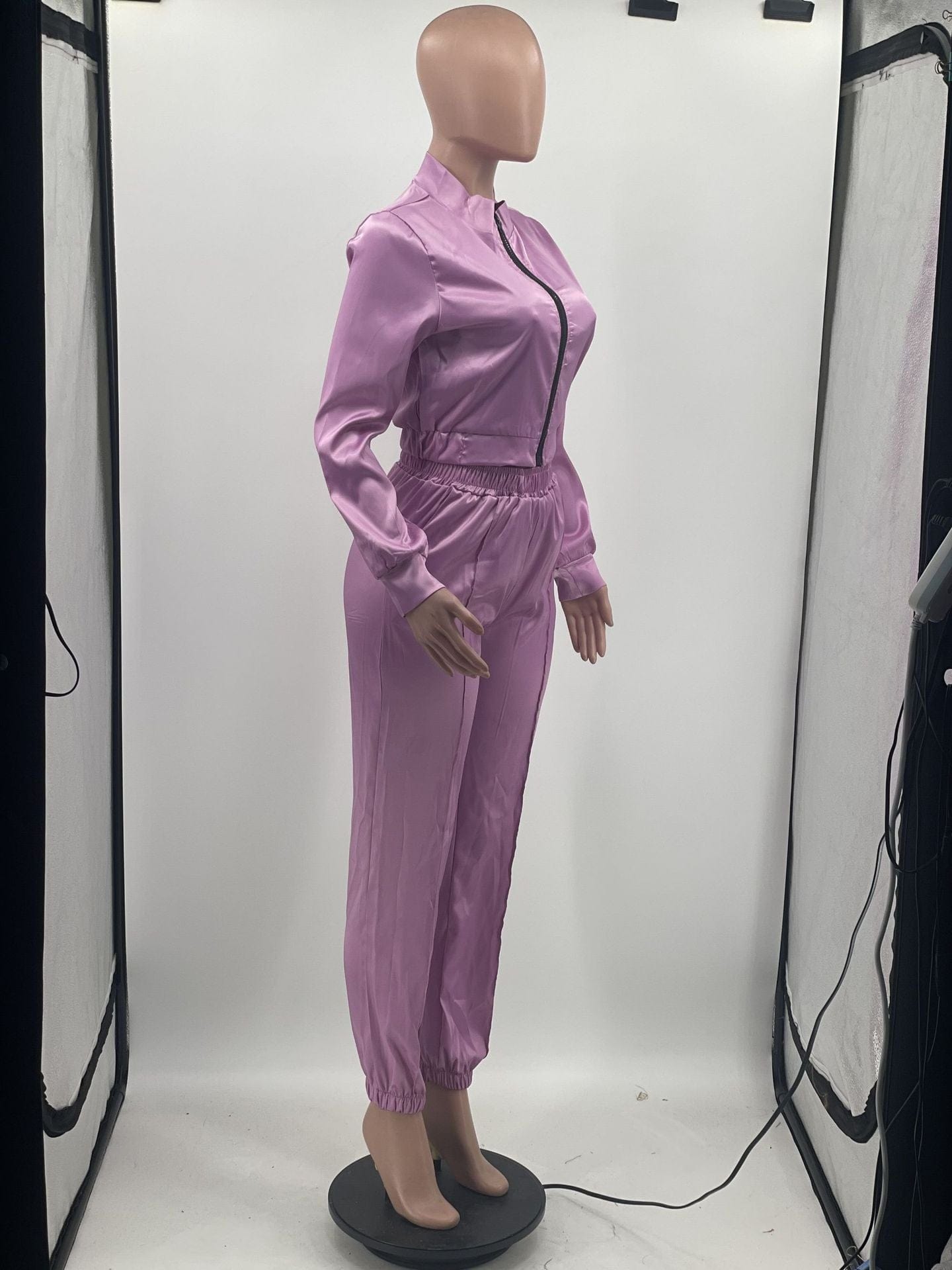 Trendy Women Clothes Stunning Solid Satin Two Piece Workout Sets Women's Sport Suits Zipper Up Long Sleeve Jackets and Elastic W