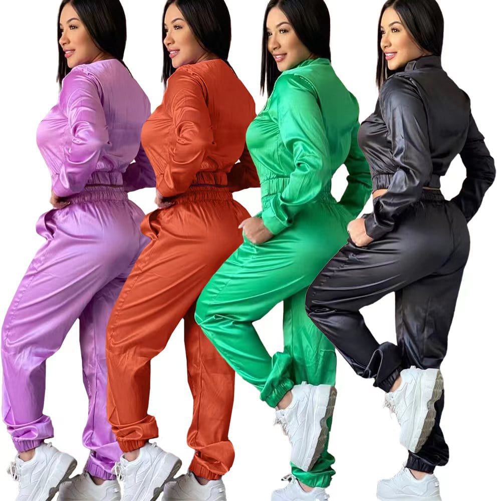 Trendy Women Clothes Stunning Solid Satin Two Piece Workout Sets Women's Sport Suits Zipper Up Long Sleeve Jackets and Elastic W