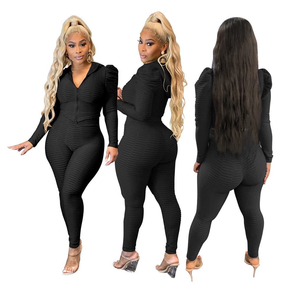 Trendy Women Clothes Stylish Women Long Sleeves Zipper Solid Patchwork Bodycon 2pcs Outfits