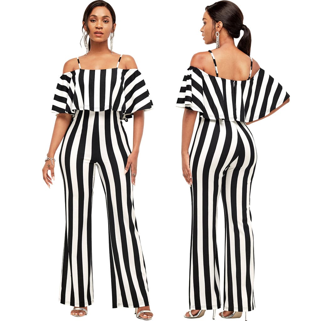 Trendy Women Clothes  Summer Women's Striped Short-sleeved Off-the-shoulder Straps Loose Wide Leg Jumpsuit