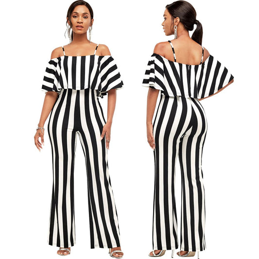 Trendy Women Clothes  Summer Women's Striped Short-sleeved Off-the-shoulder Straps Loose Wide Leg Jumpsuit