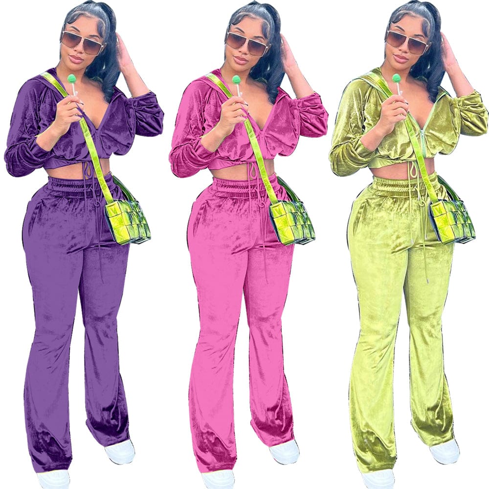 Trendy Women Clothes Tracksuit Women's Hoodies & Sweatshirts Wide Leg Pants Lounge wear Velvet Two Piece Set