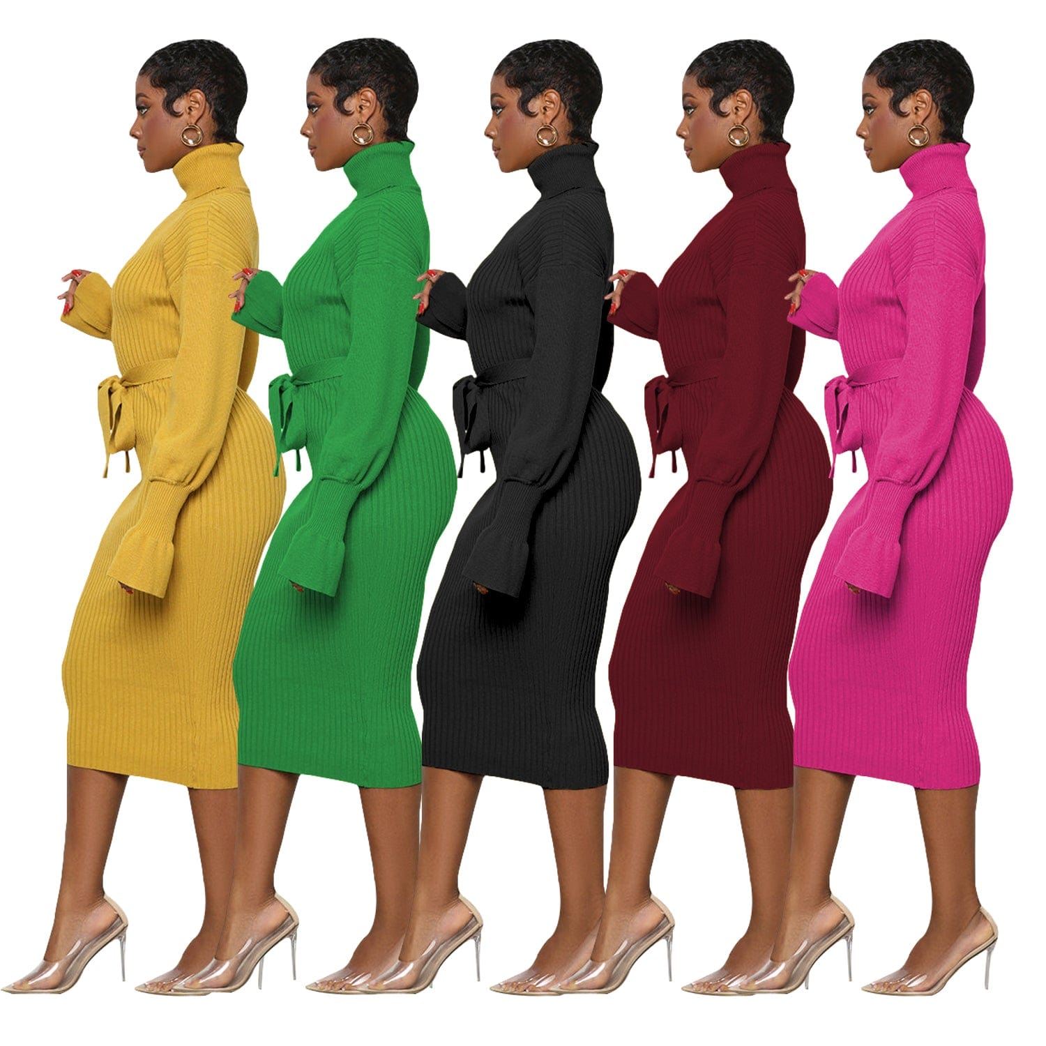 Trendy Women Clothes Turtleneck Knit Tie Waist Midi Dresses