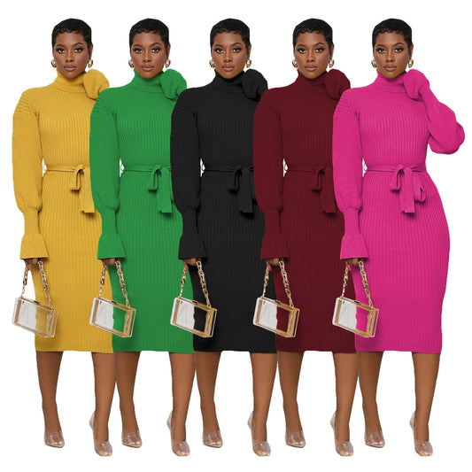 Trendy Women Clothes Turtleneck Knit Tie Waist Midi Dresses