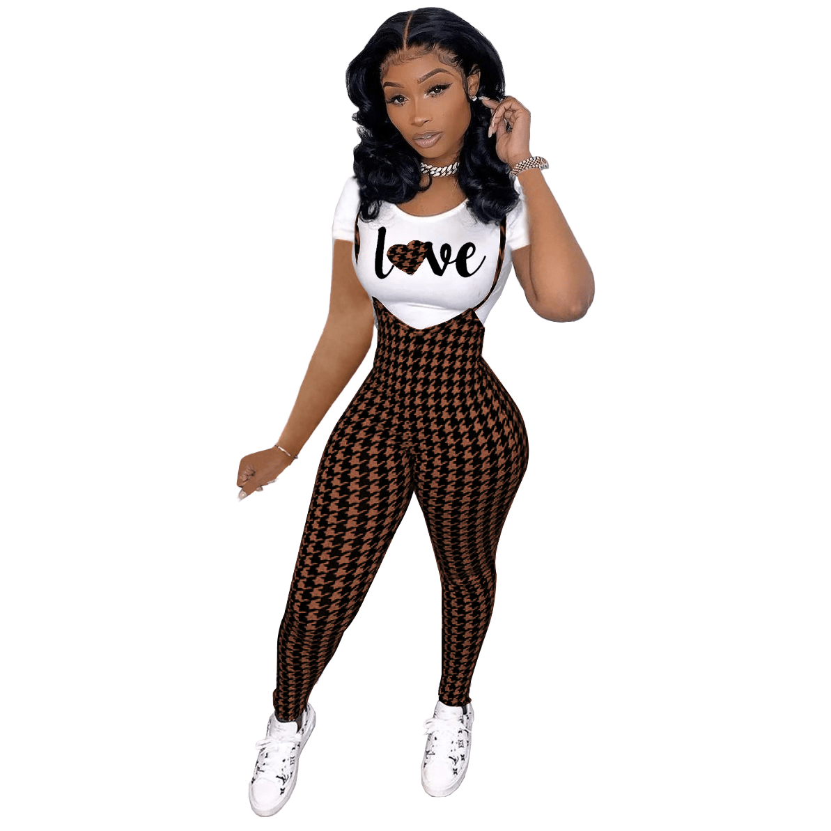Trendy Women Clothes Valentine's Day Cute Sexy Printed Short Sleeve Shirt Bodycon Plaid Straps Jumpsuit 2pcs