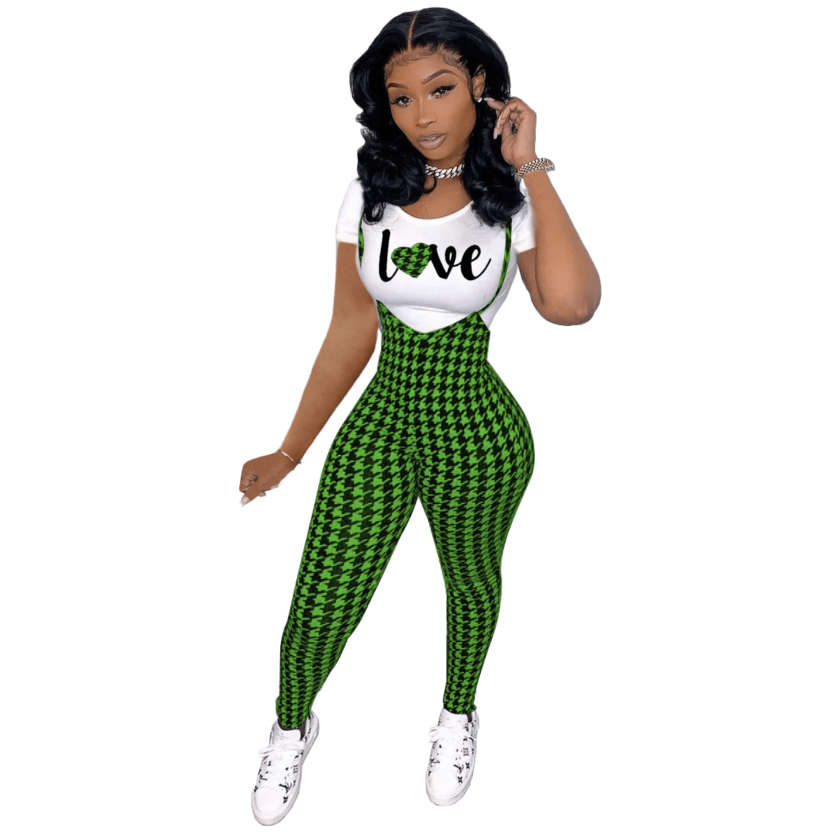Trendy Women Clothes Valentine's Day Cute Sexy Printed Short Sleeve Shirt Bodycon Plaid Straps Jumpsuit 2pcs