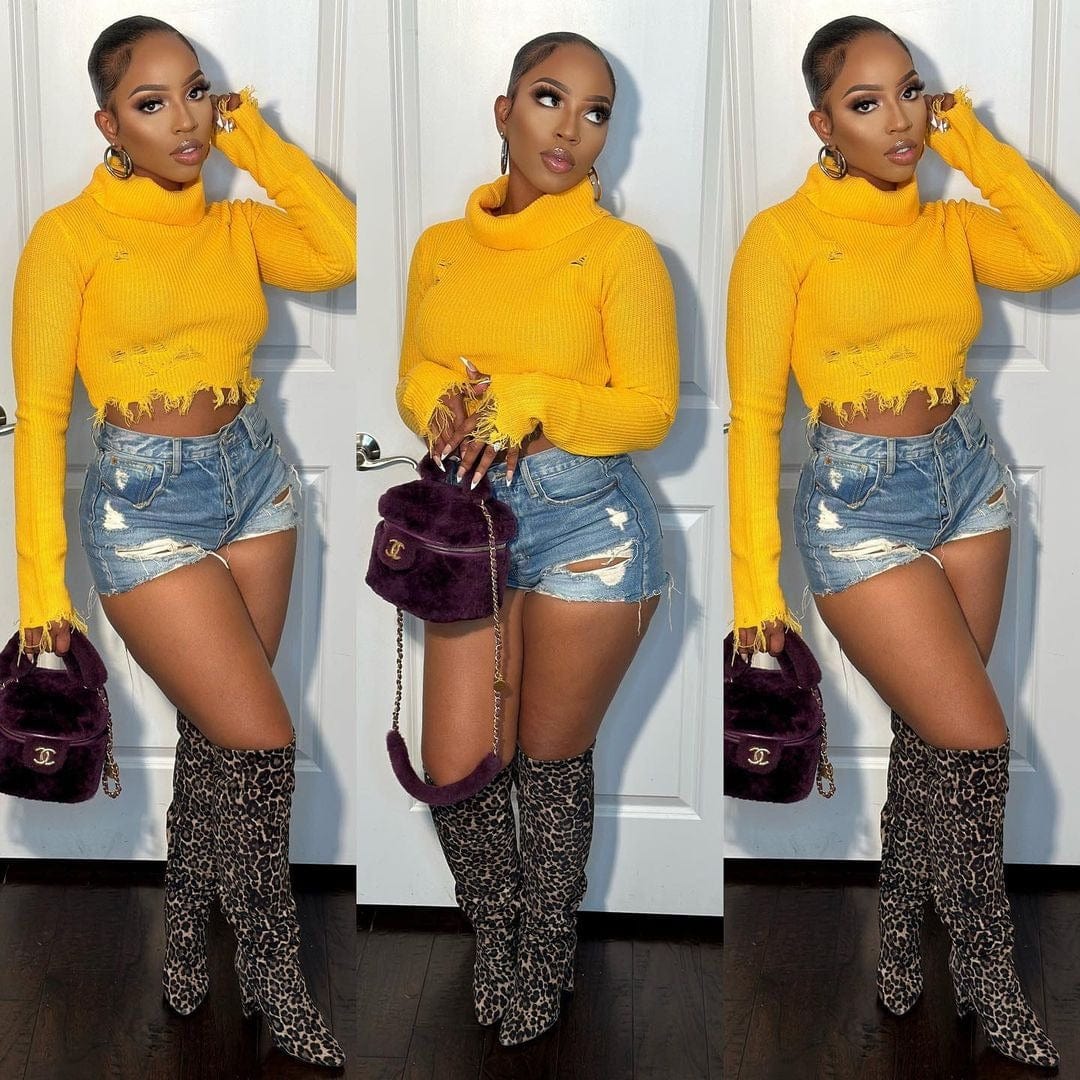 Trendy Women Clothes Winter Warm Turtleneck Long Sleeve Knitted Irregular Sweater with Tassel