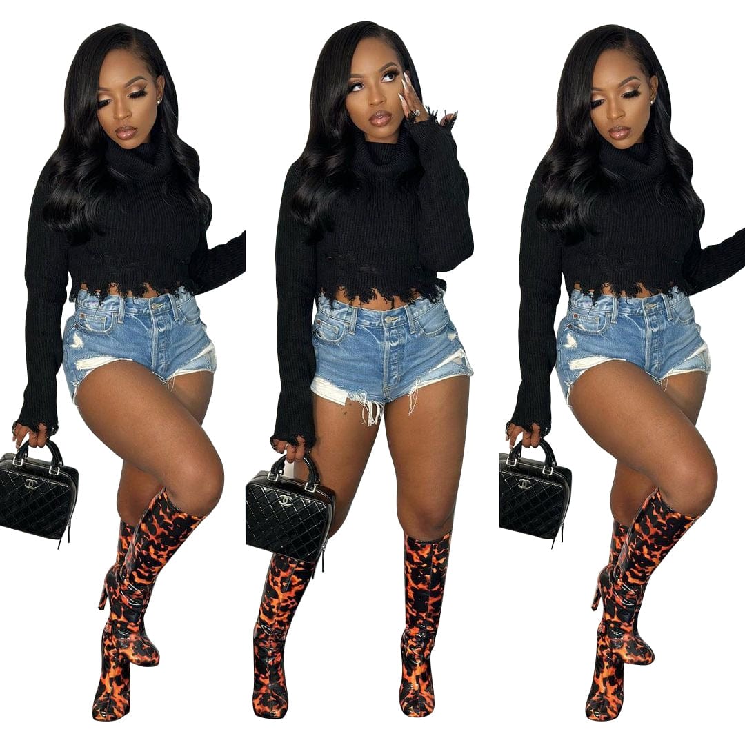 Trendy Women Clothes Winter Warm Turtleneck Long Sleeve Knitted Irregular Sweater with Tassel