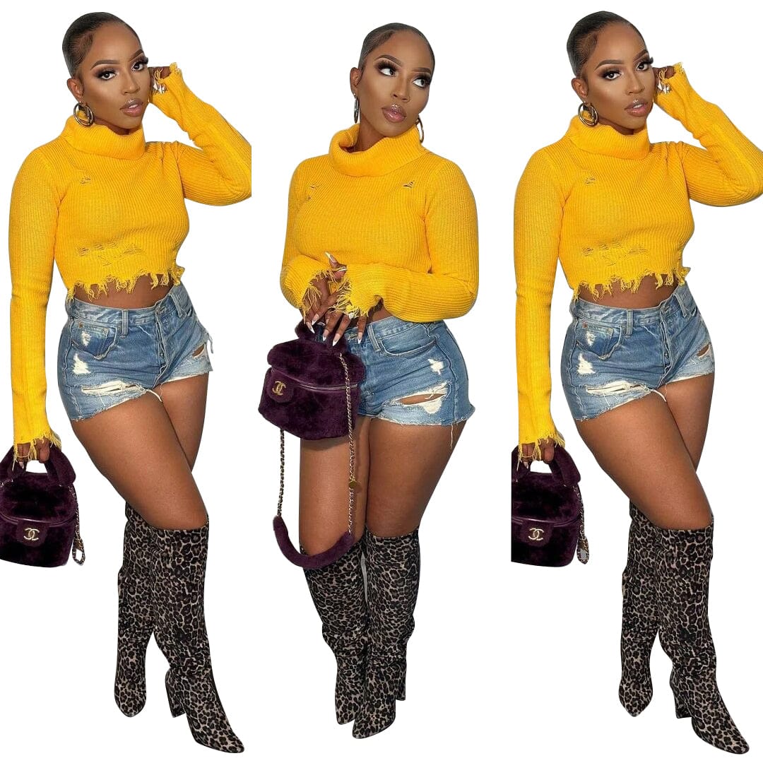 Trendy Women Clothes Winter Warm Turtleneck Long Sleeve Knitted Irregular Sweater with Tassel