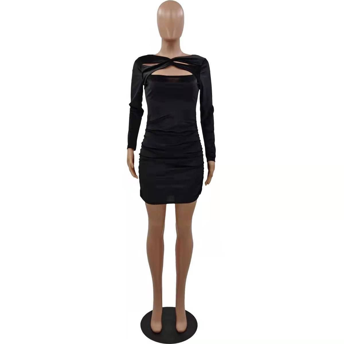 Trendy Women Clothes Women Autumn Solid Velvet Cutout Long Sleeve Mini Bodycon Dress