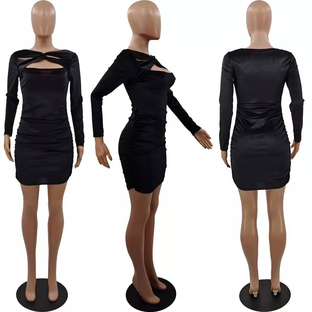 Trendy Women Clothes Women Autumn Solid Velvet Cutout Long Sleeve Mini Bodycon Dress