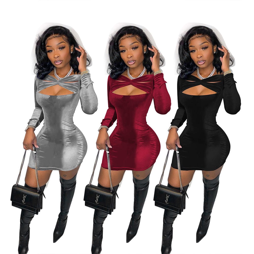 Trendy Women Clothes Women Autumn Solid Velvet Cutout Long Sleeve Mini Bodycon Dress