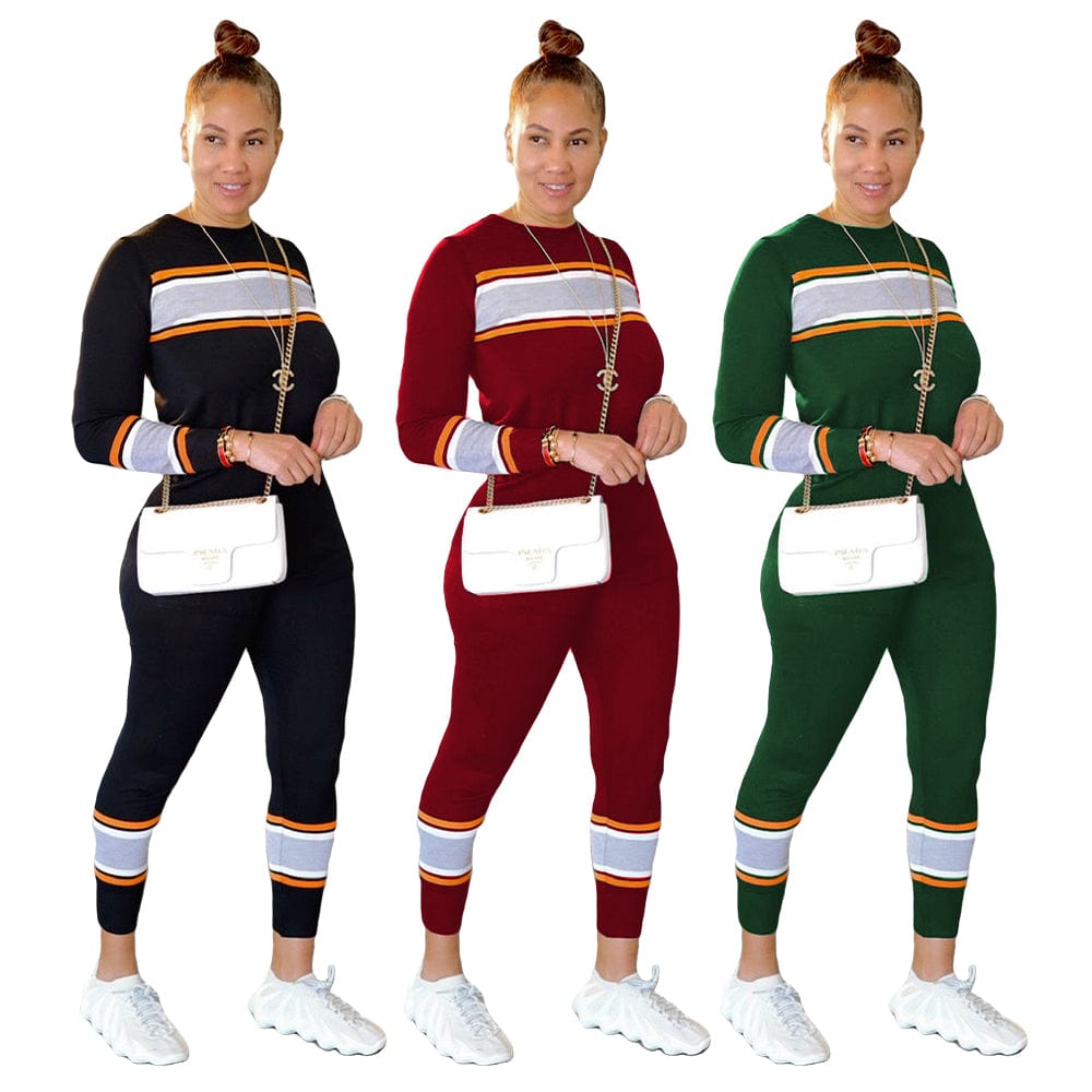 Trendy Women Clothes Women's Casual Solid Color Sweatsuit Pullover Crewneck Colorblock Jogger Pants Two Piece Outfit Tracksuits