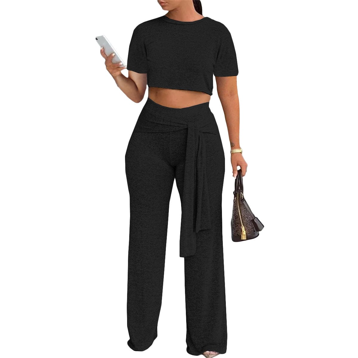 Trendy Women Clothes Women's Fashion Casual Short Sleeve Crop Top Wide Leg Pants Two-piece Set