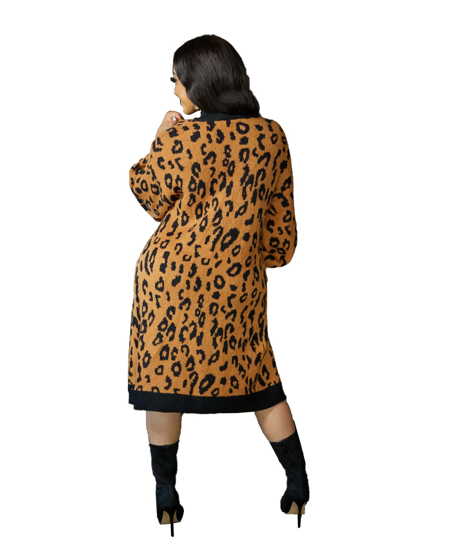 Trendy Women Clothes Women's Knitting Leopard Midi Cardigan Coat