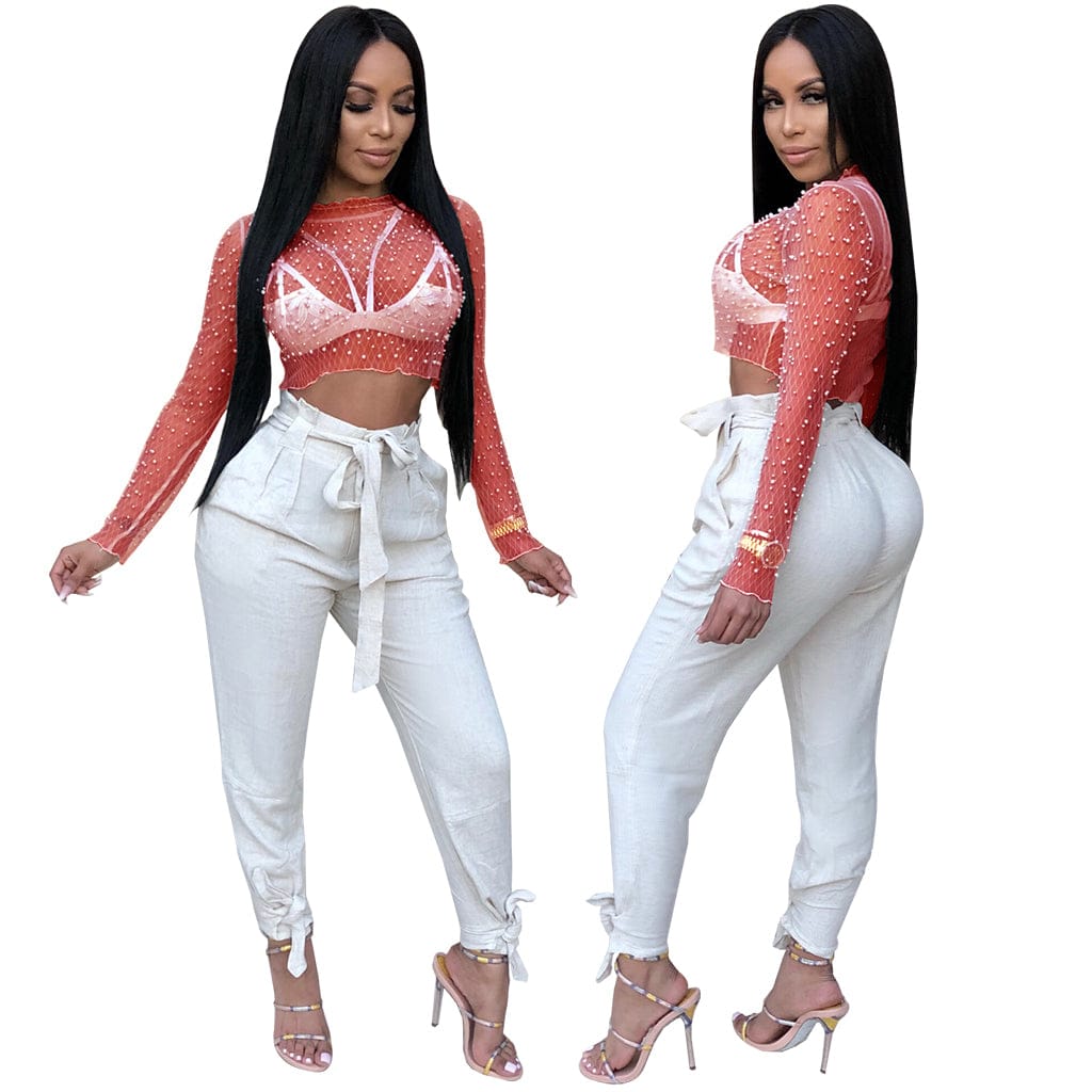 Trendy Women Clothes Women's Sheer See Through Mesh Long Sleeve Beaded T-shirt Top