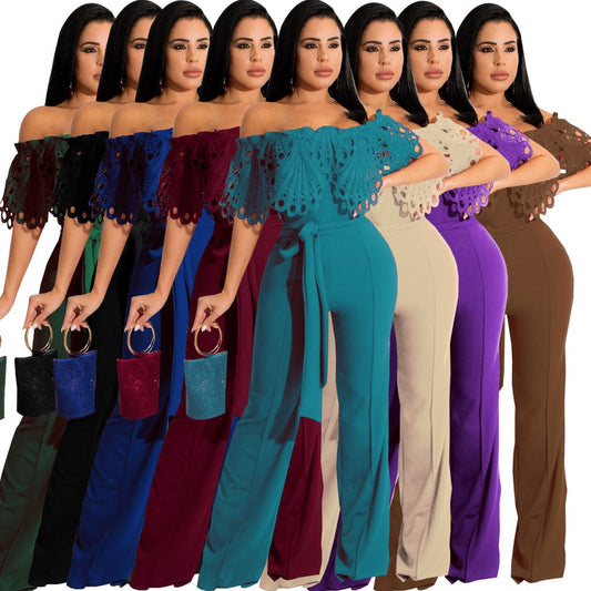 Trendy Women Clothes Women Slim Ruffle Off Shoulder Short Sleeve Solid Long Pants Jumpsuit with Belt Beauty Forever