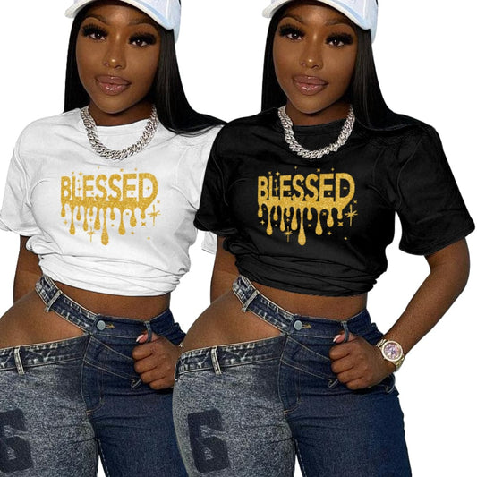 Trendy Women Clothes Womens Casual Summer Printed Tops Round Neck Short Sleeve Blouses