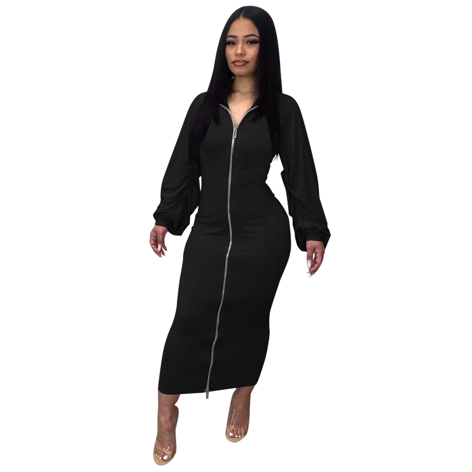 Trendy Women Clothes Womens Dresses 2022 tTrending Elegant Ruched Lantern Sleeve Zip Front Bodycon Dress