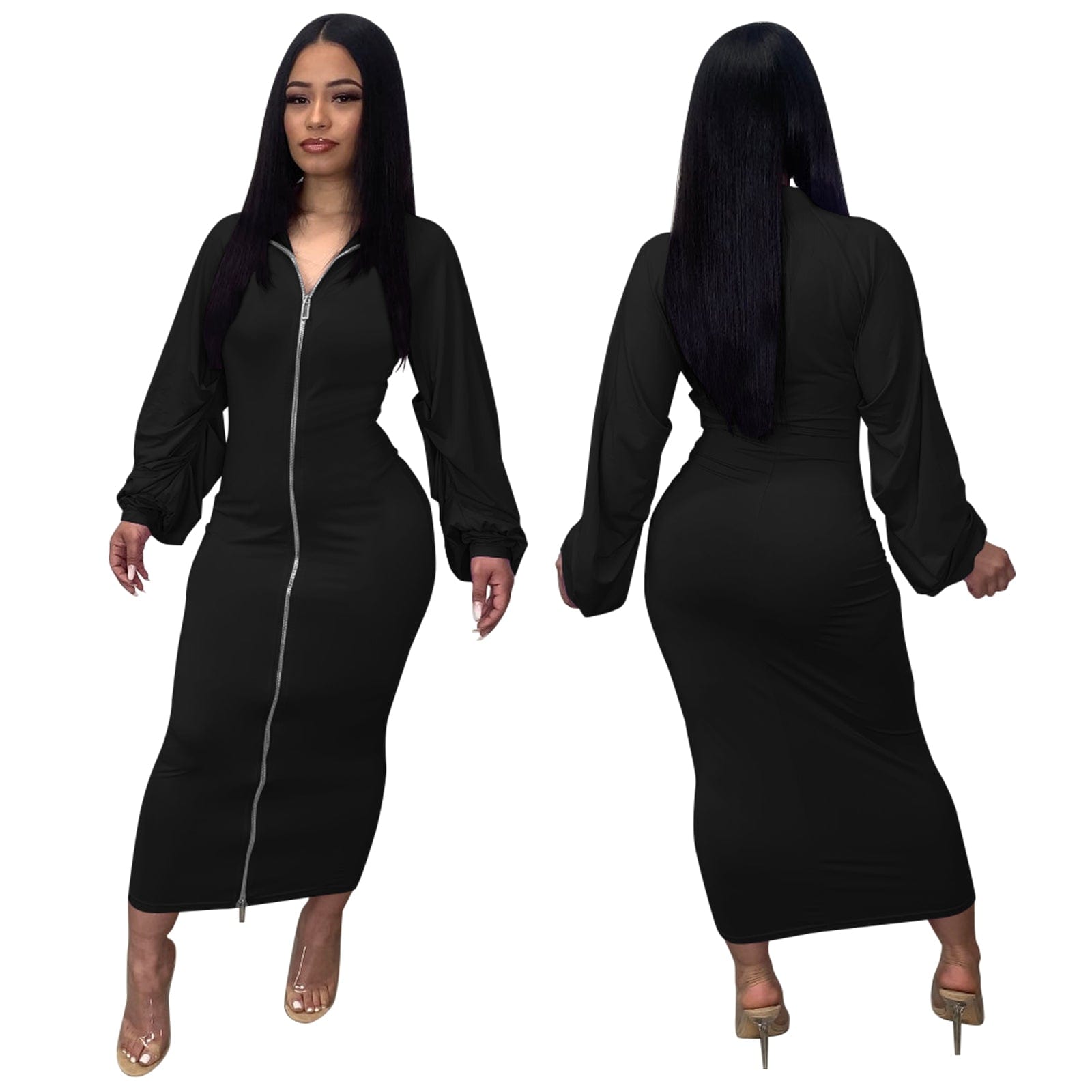 Trendy Women Clothes Womens Dresses 2022 tTrending Elegant Ruched Lantern Sleeve Zip Front Bodycon Dress