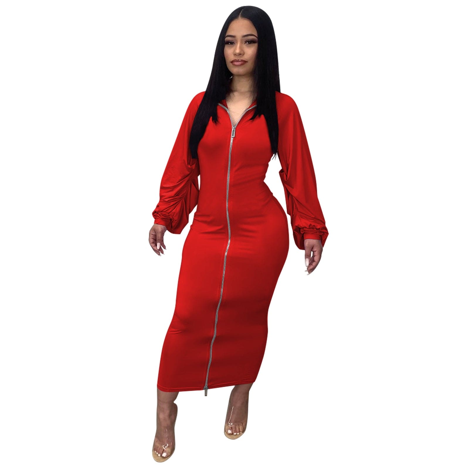 Trendy Women Clothes Womens Dresses 2022 tTrending Elegant Ruched Lantern Sleeve Zip Front Bodycon Dress
