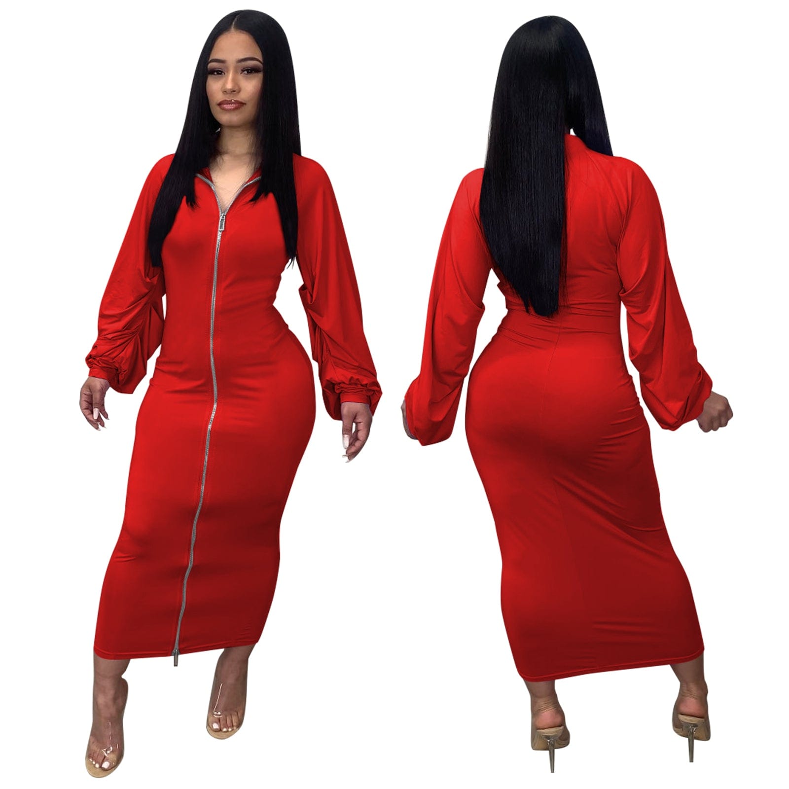 Trendy Women Clothes Womens Dresses 2022 tTrending Elegant Ruched Lantern Sleeve Zip Front Bodycon Dress