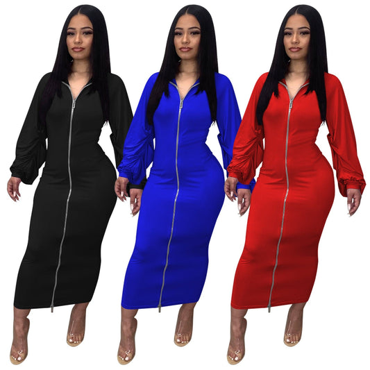 Trendy Women Clothes Womens Dresses 2022 tTrending Elegant Ruched Lantern Sleeve Zip Front Bodycon Dress