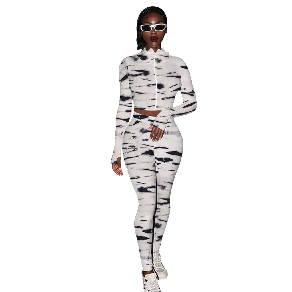Trendy Women Clothes Zebra Animal Print Track Activewear Fitness Elastic Crop Top Tracksuit Matching Set