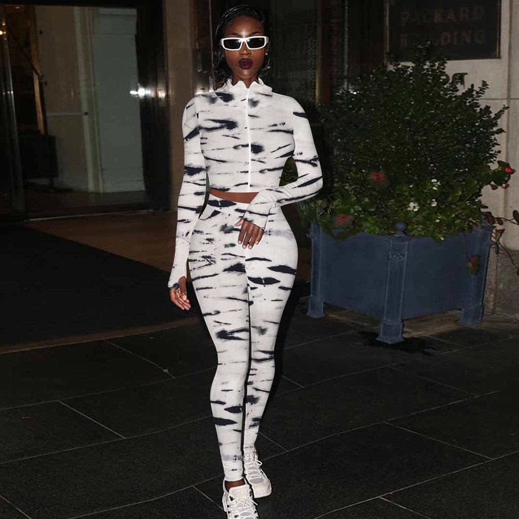 Trendy Women Clothes Zebra Animal Print Track Activewear Fitness Elastic Crop Top Tracksuit Matching Set