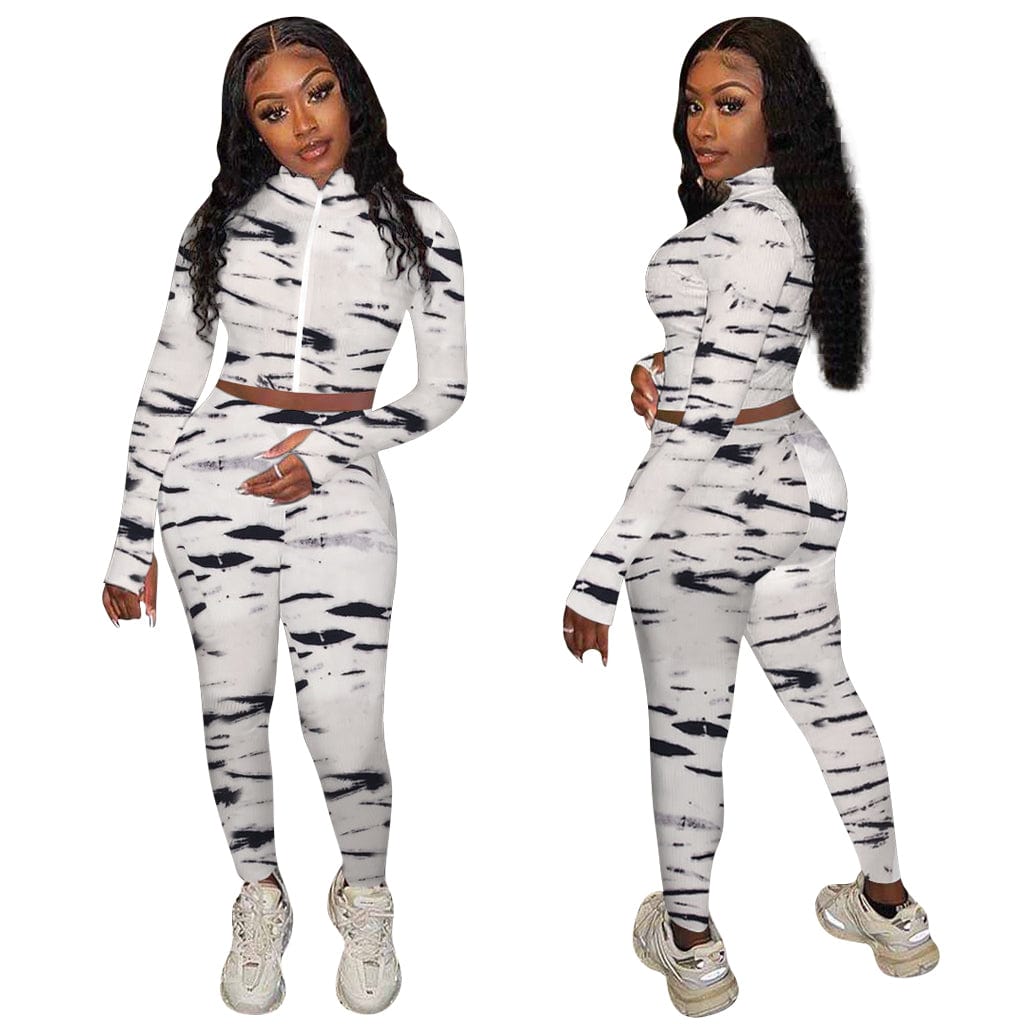 Trendy Women Clothes Zebra Animal Print Track Activewear Fitness Elastic Crop Top Tracksuit Matching Set