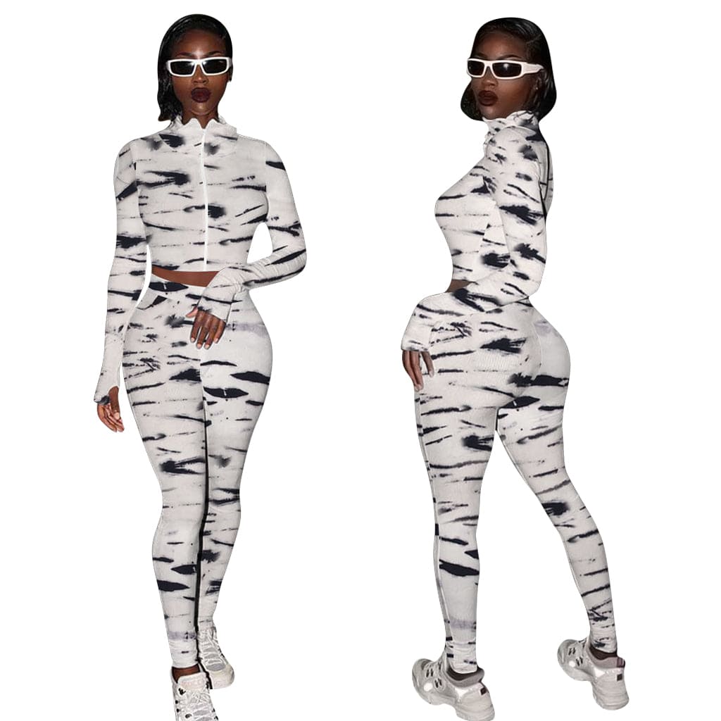Trendy Women Clothes Zebra Animal Print Track Activewear Fitness Elastic Crop Top Tracksuit Matching Set