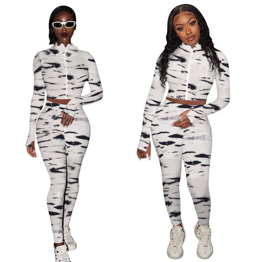 Trendy Women Clothes Zebra Animal Print Track Activewear Fitness Elastic Crop Top Tracksuit Matching Set