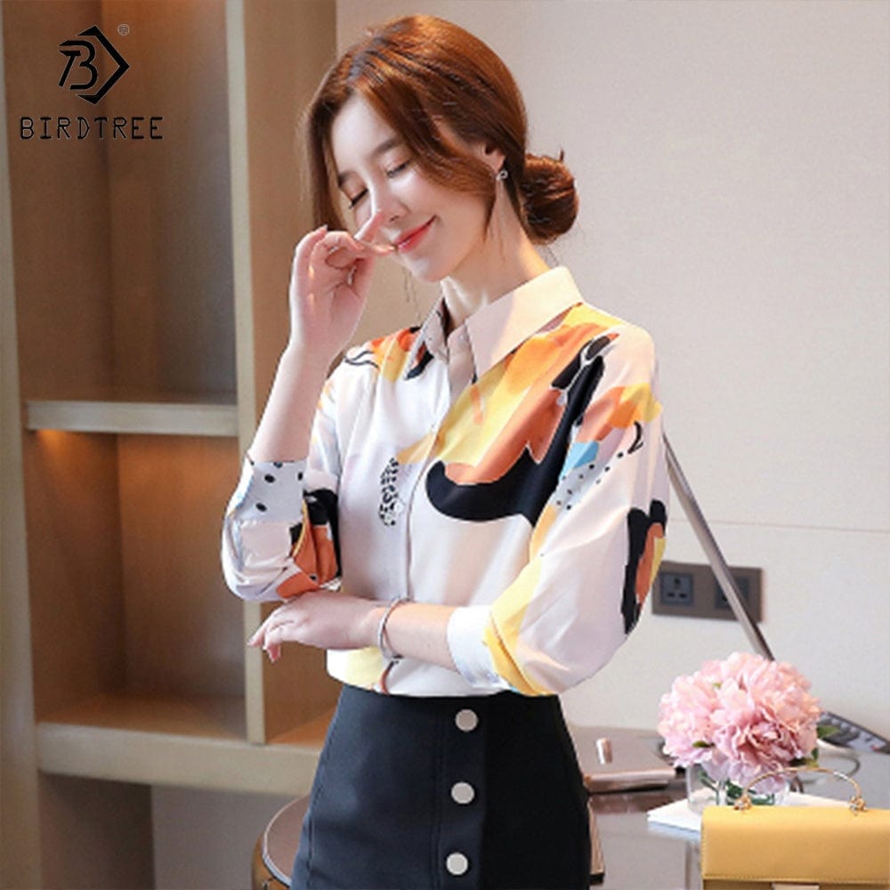 Trendy Women's Long Sleeve Shirts Elegant Printed Workwear Office Loose Blouses Chiffon Shirt Tops Autumn