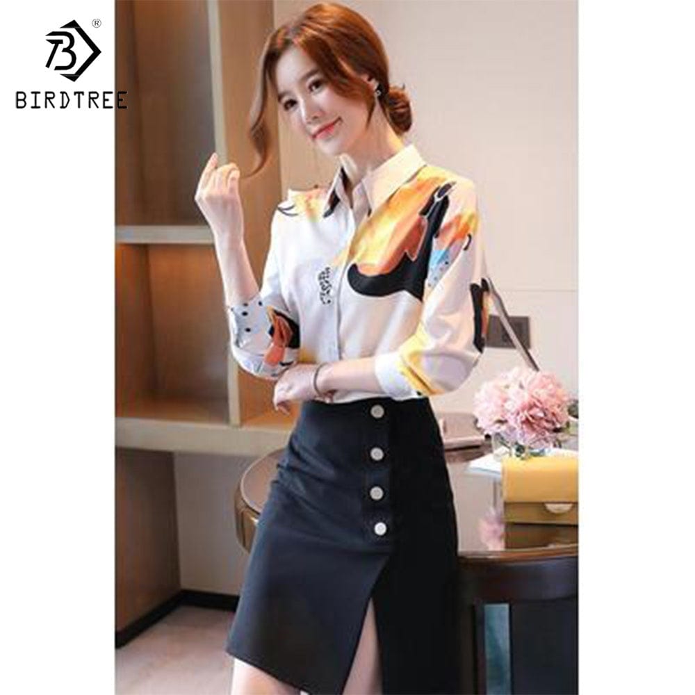 Trendy Women's Long Sleeve Shirts Elegant Printed Workwear Office Loose Blouses Chiffon Shirt Tops Autumn